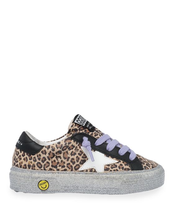 Girl's May Leopard-Print Glitter-Sole Sneakers, Kids
