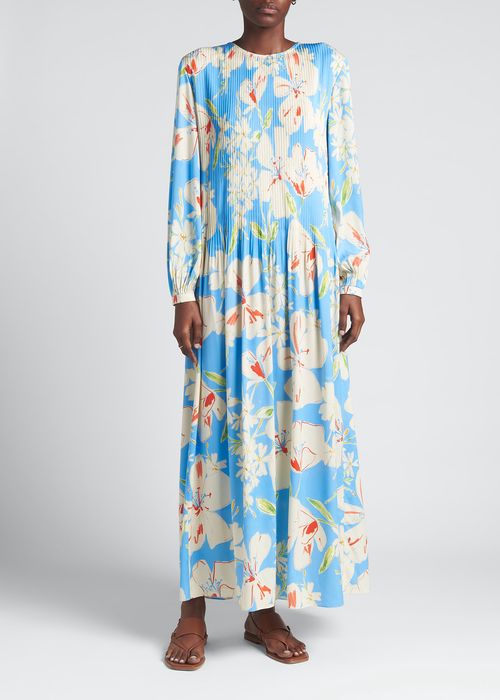 Ailea Flower-Print Pleated Silk Maxi Dress
