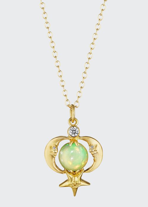 Crescent Moonface Reflection Opal Pendant Necklace with Diamonds