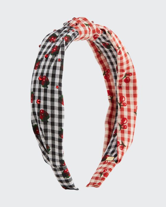 Girl's Two-Tone Cherry Gingham Knotted Headband