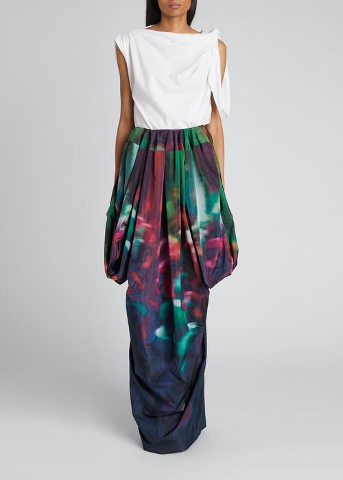 Blurred Rock Concert-Print Draped Recycled Maxi Skirt