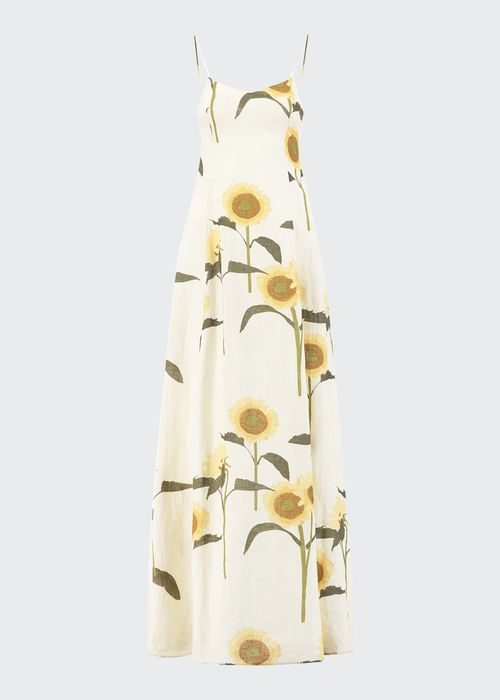 Sunflower-Print Linen Maxi Dress