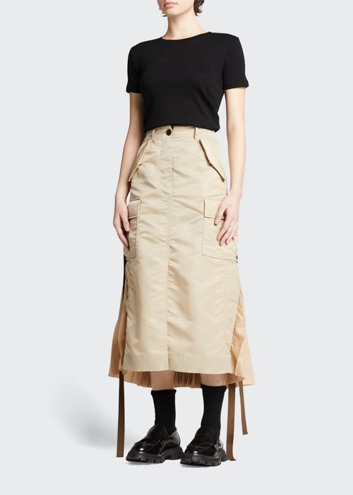 Pleated Nylon Twill Midi Skirt