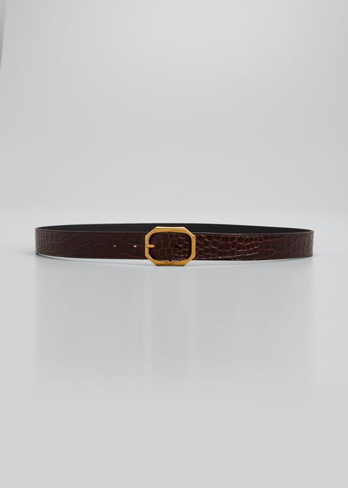 Croc-Embossed Leather Skinny Belt