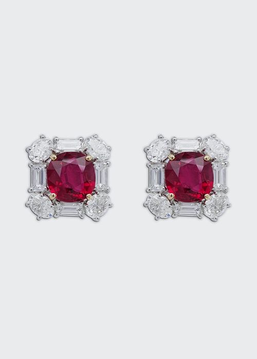 Thai Ruby Cushion Earrings with Platinum and Diamonds
