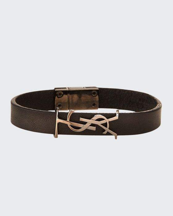 Leather YSL Monogram Bracelet, Black, Size Small