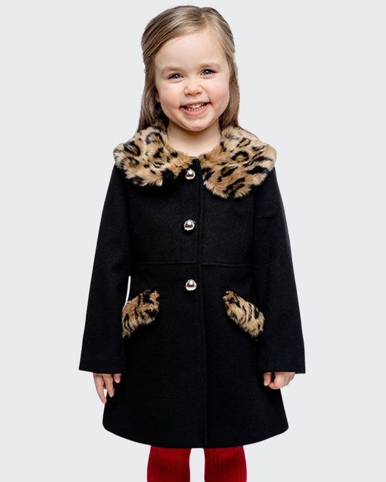 Girl's Little Lady Faux-Fur Leopard-Print Trim Coat, Size XXS-L