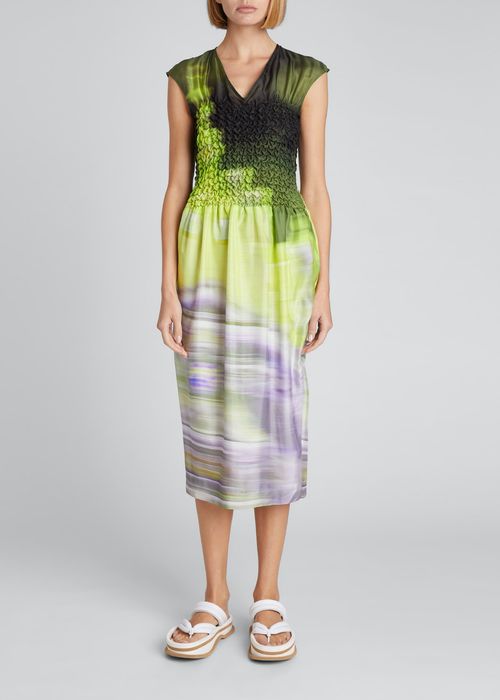 Blurry-Print Shirred Bodice Silk Midi Dress