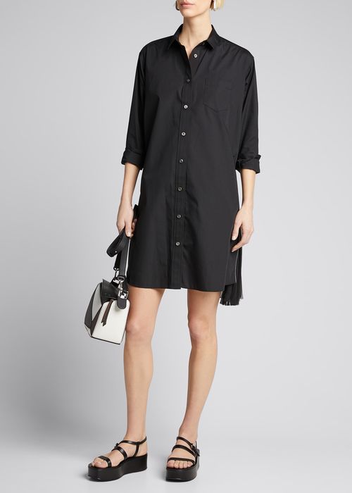 Pleated-Side Long Button-Front Shirtdress