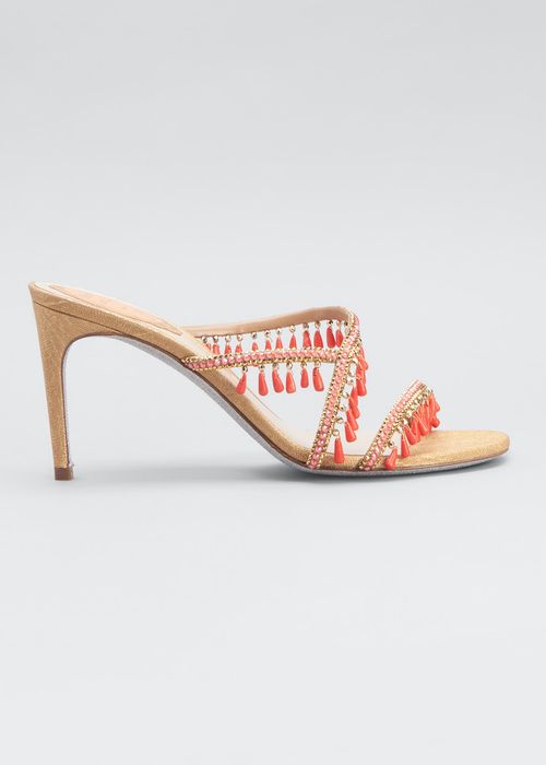Coral Beaded Satin Stiletto Sandals
