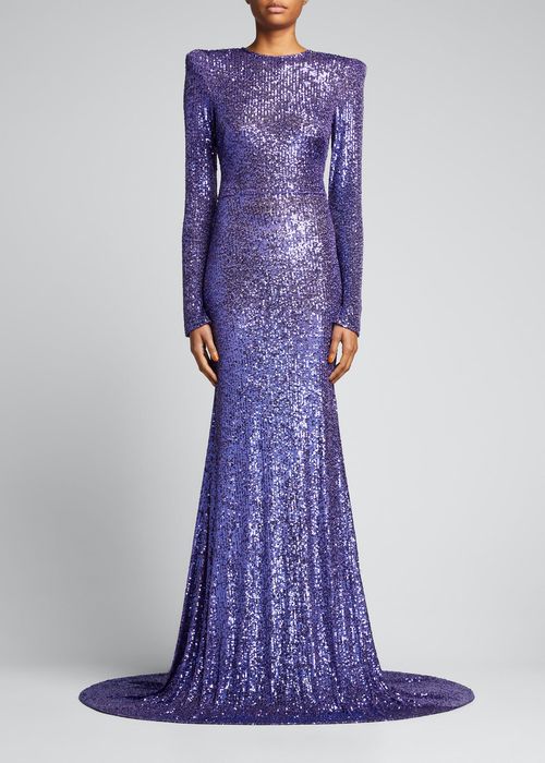 Strong-Shoulder Sequin Gown