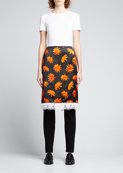 Daisy-Print Slip Skirt w/ Lace Detail
