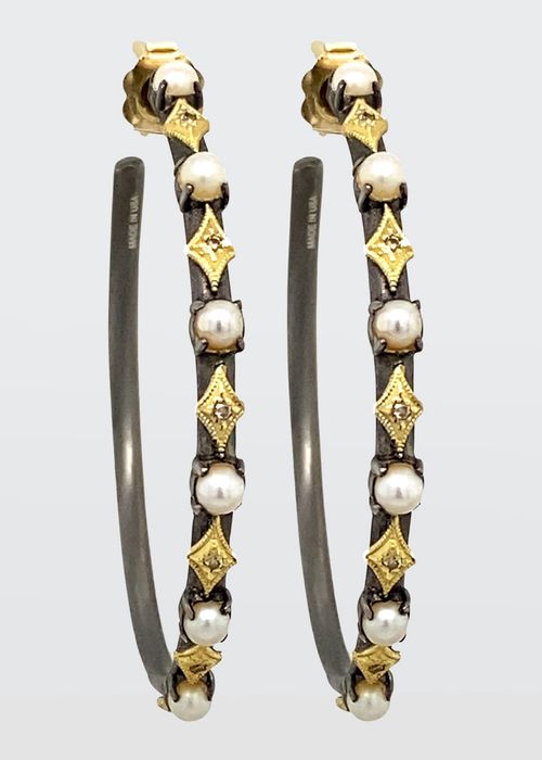 Old World Alternating Pearl and Crivelli Hoop Earrings, 35mm