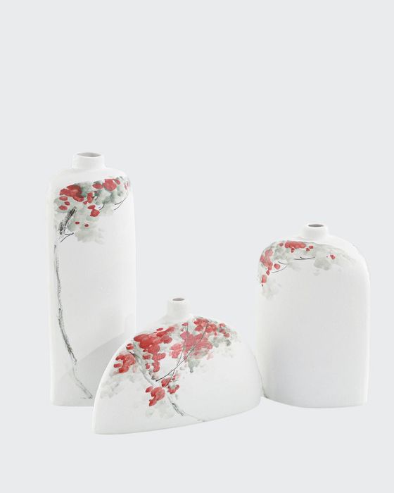 Cherry Blossoms on White Porcelain Vases, Set of 3