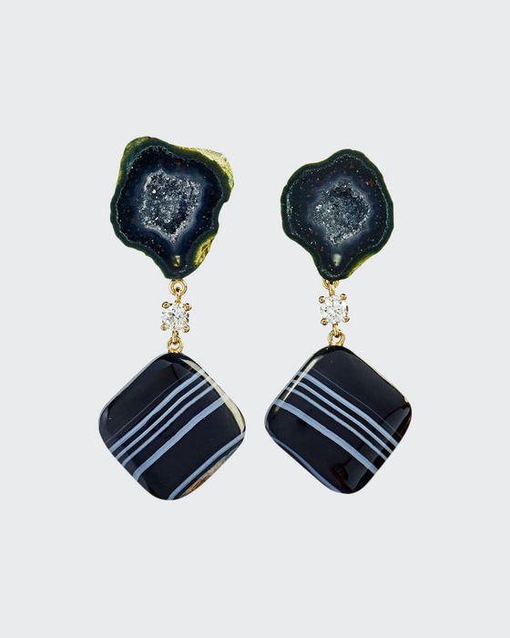 18k Bespoke 2-Tier One-of-a-Kind Luxury Earrings w/ Black Tabasco Geode w/ Agate Druzy, Tuxedo Agate & Diamonds