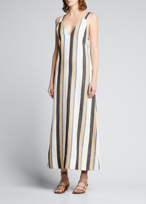 Striped V-Neck Linen-Blend Dress