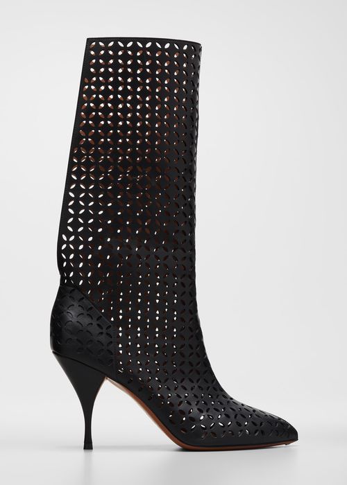 Laser Cut Knee High Boots With Open Back