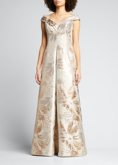 Off-Shoulder Metallic Floral Jacquard Gown