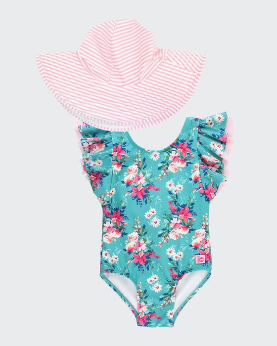 Girl's Fancy Me Floral Print Swimsuit w/ Swim Hat, Size 3M-10