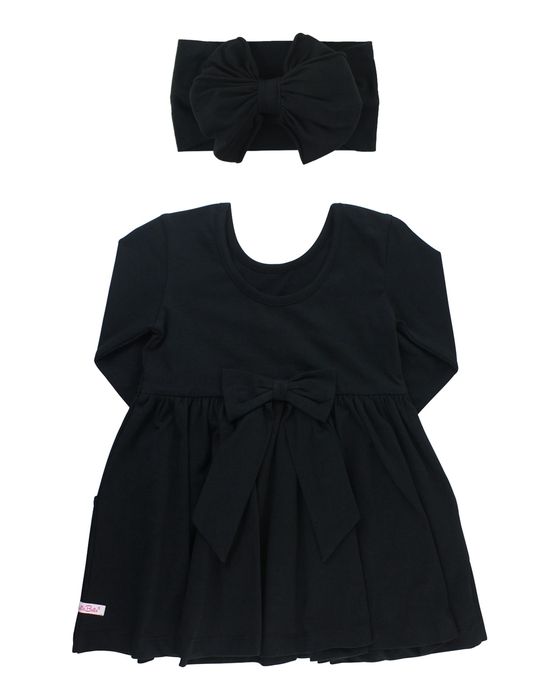 Girl's Black Twirl Solid Dress w/ Bow Headband, Size 0-4T