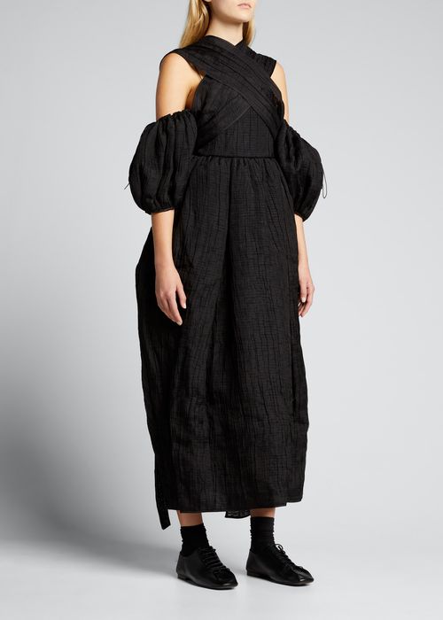 Jacquard Puff-Sleeve Dress w/ Tulip Skirt