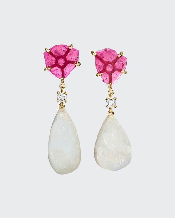 18k Bespoke 2-Tier One-of-a-Kind Luxury Earrings w/ Pink Tourmaline, Rainbow Moonstones & Diamonds