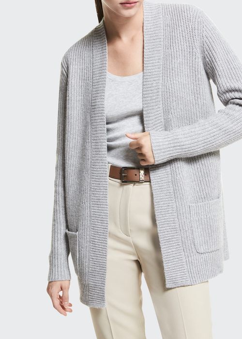 Open-Front Ribbed Cashmere Shaker Cardigan