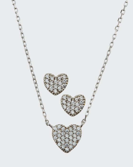 Girl's Pave Heart Necklace w/ Matching Stud Earrings Set
