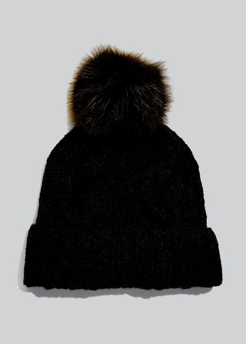 Cashmere Chunky Knit Beanie Hat w/ Fur Pompom