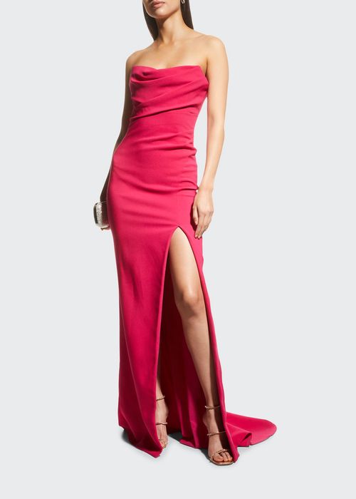 Strapless Draped Thigh-Slit Crepe Gown