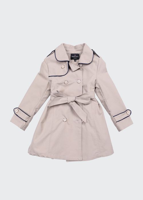 Girl's Contrast-Trim Trench Coat, Size 4-12