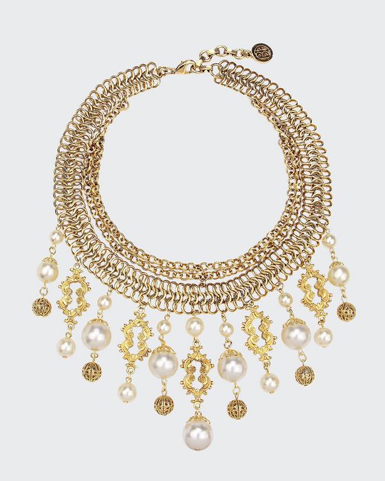 Golden Chain Multi-Drop Pearly Bib Necklace