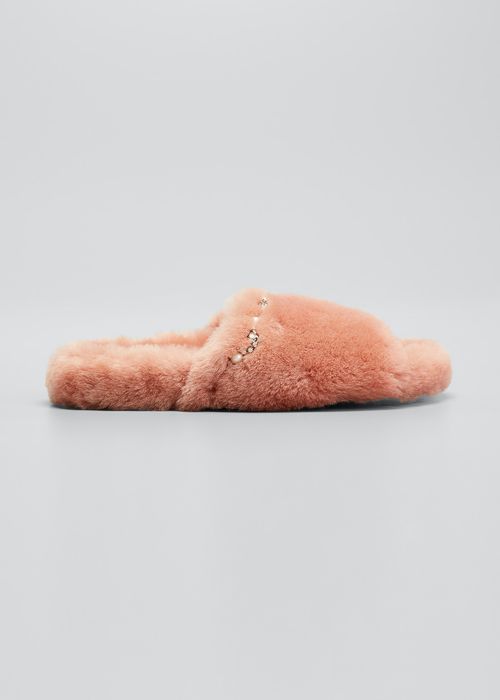 Acinda Shearling Crystal-Strap Slide Sandals