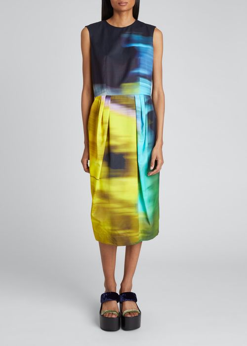 Blurred Grote Market-Print Pleated Midi Dress