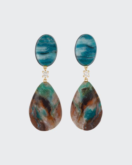 18K Bespoke 2-Tier One-of-a-Kind Luxury Earrings w/ Chrysocolla Malachite, Blue Opal Petrified Wood & Diamonds