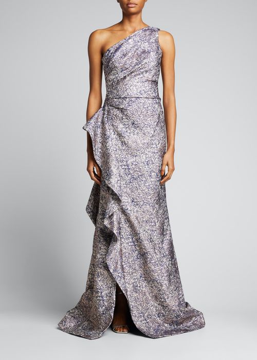 One-Shoulder Jacquard Side-Ruffle Gown