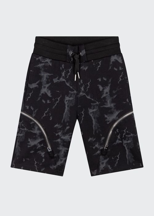 Boy's Sweat Shorts in Cracked Effect Print with Curved Zippers On Legs, Size 4-6
