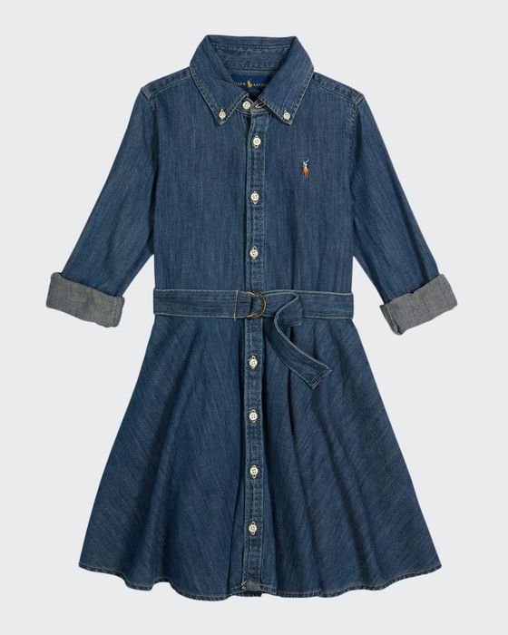 Girl's Belted Fit-and-Flare Denim Shirtdress, Size 5-6X