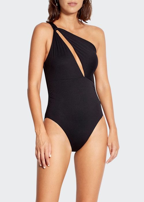 Spliced One-Shoulder Solid One-Piece Swimsuit