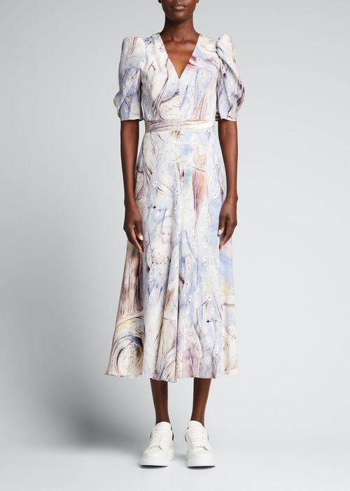 Abstract-Print Puff-Sleeve Silk Midi Dress