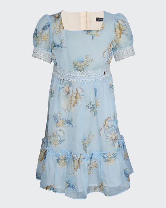 Girl's Floral-Print Lace Puff-Sleeve Dress, Size 4-12