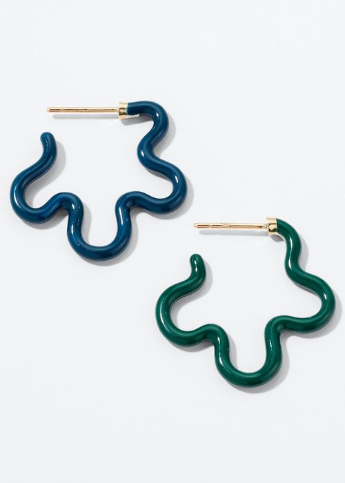 Two-Tone Asymmetrical Flower Small Hoop Earrings in Emerald and Teal Enamel