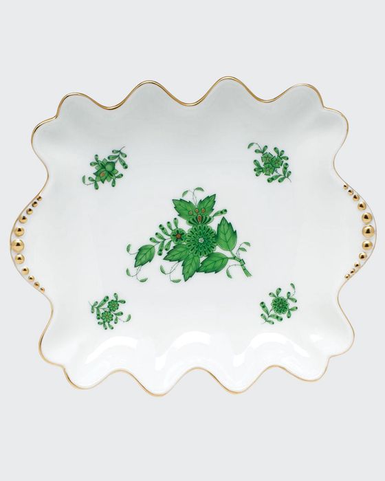 Chinese Bouquet Green Small Dish with Pearly Handles