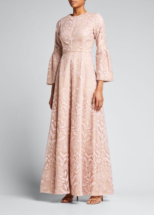 Floral-Embroidered Bell-Sleeve Tulle Gown