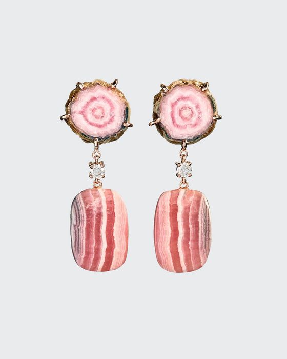 18k Bespoke 2-Tier One-of-a-Kind Luxury Earrings w/ Pink Stalactite, Rhodochrosite & Diamonds