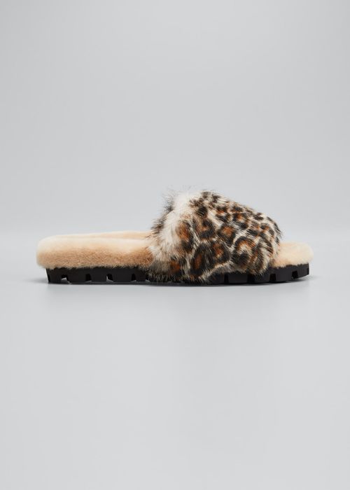 Leopard-Print Shearling Slide Sandals