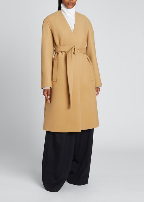 Collarless Belted Wool-Blend Coat