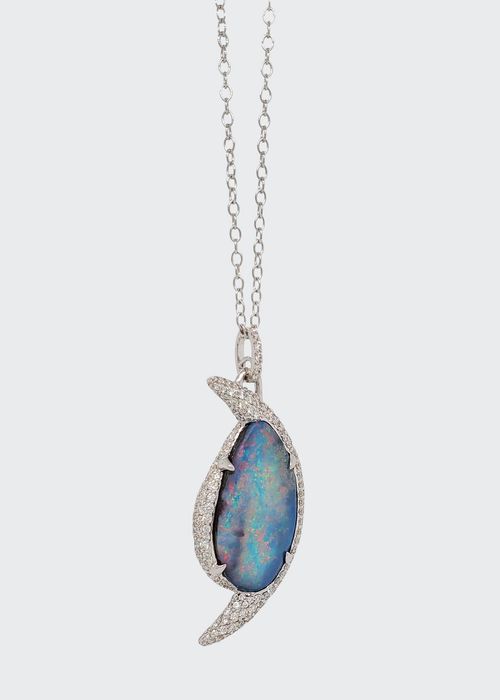 White Gold One Of A Kind Pendant w/ Center Opal Teardrop Stone & Elongated Thin Crescent Moon w/ Pave Diamonds On 18" Chain