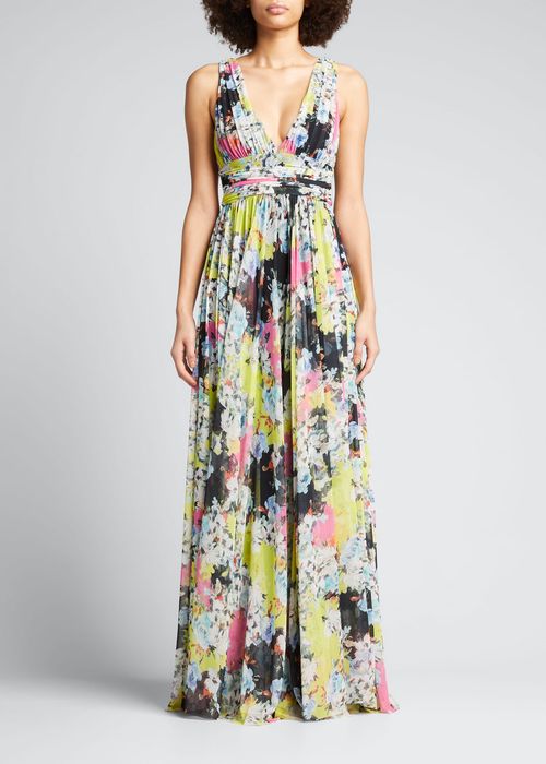 Floral-Print Plunging-Neck Gown