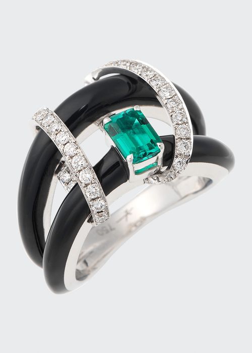 Oui Double Band Ring in Black Enamel, Emerald and Diamonds